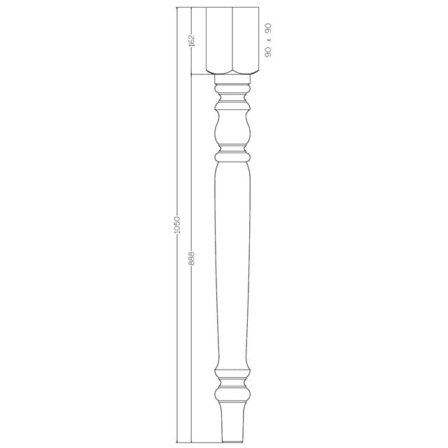 CAD drawing of a turned timber bar leg. Important dimensions are: 1050mm high, 888mm turned section at the bottom and small 162mm square top section (90x90mm square section).