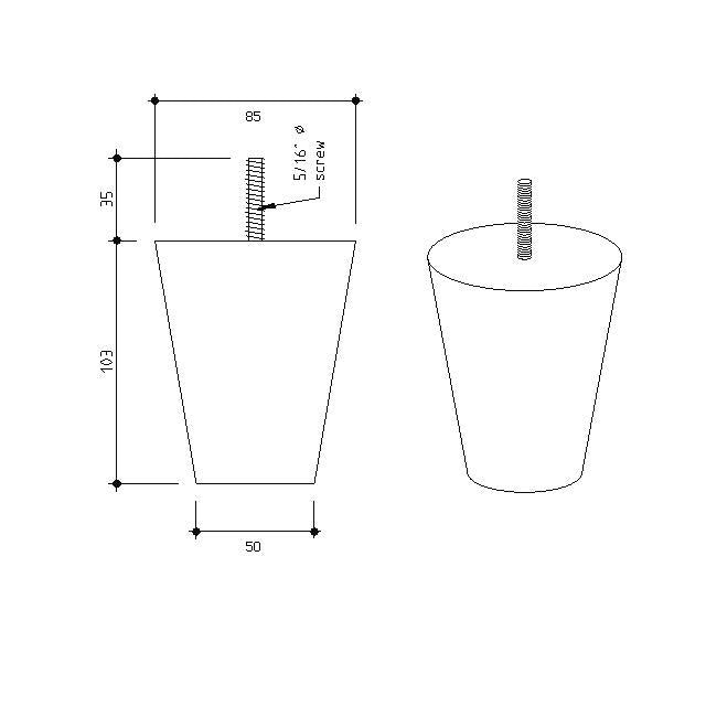 A Cad drawing of a tapered pine leg showing the most important dimensions: 103mm high, tapers from 85mm in diameter to 50mm in diameter, with a 35mm tall 5/16" lag screw.