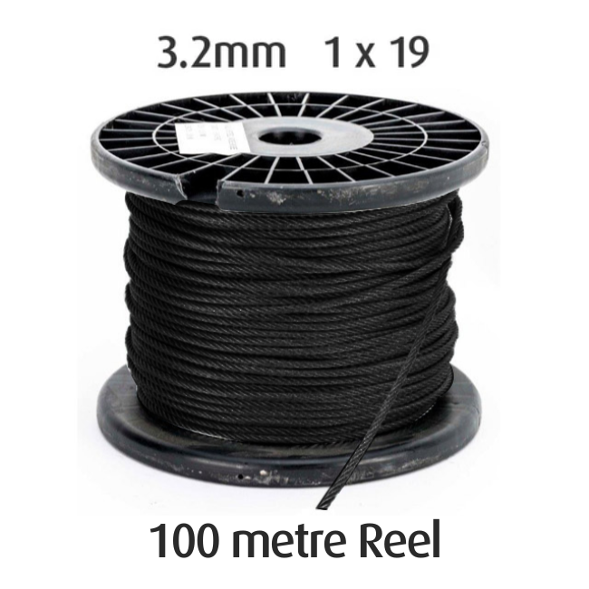 3.2mm BLACK Wire Cable Rope - 1x19 - 100 metre Reel