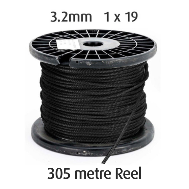 3.2mm BLACK Wire Cable Rope - 1x19 - 305 metre Reel