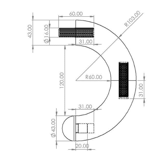 Designer Rail - 43mm diam - 180 deg Bend (Spotted Gum)