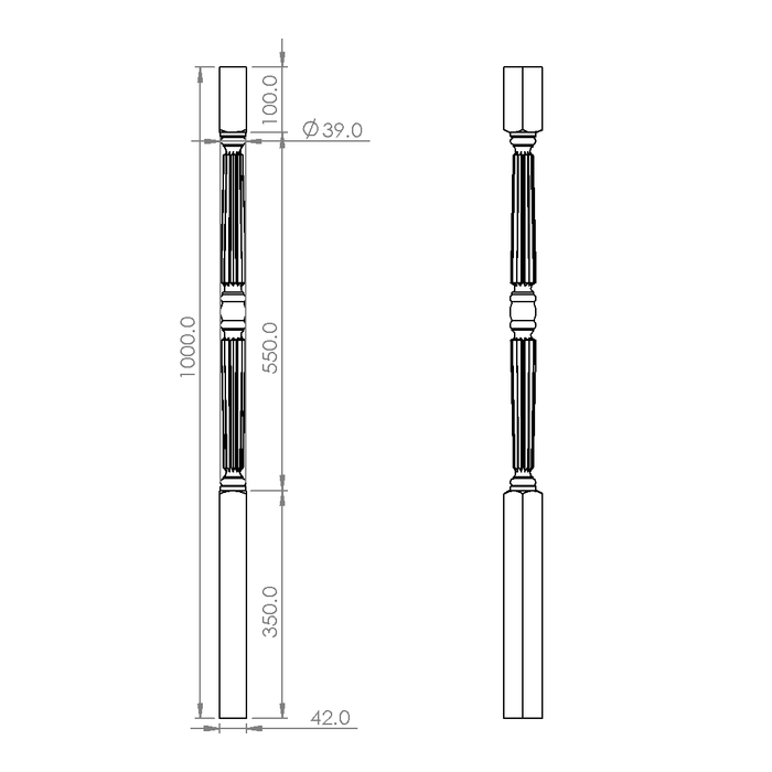 Windsor Turned & Fluted Timber Balusters 1000x42sq