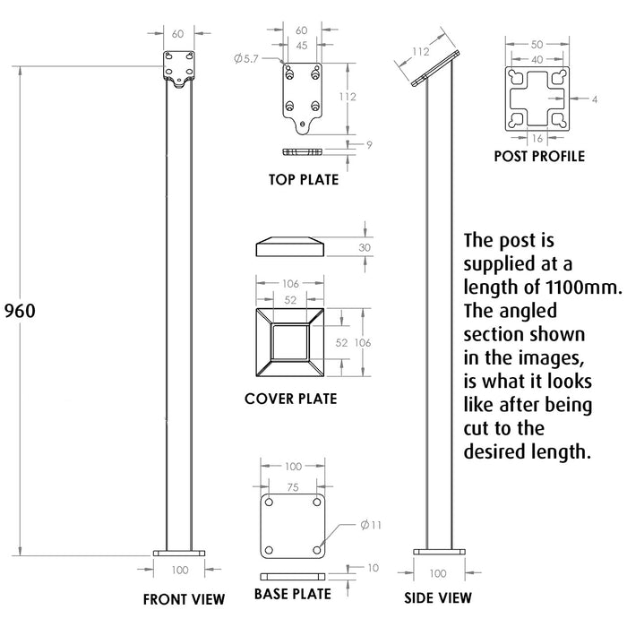 Plain Post for Angled Balustrade - Black