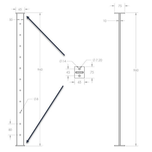 Flat Bar Intermediate Post - 960mm x 11 Drill Holes - Satin