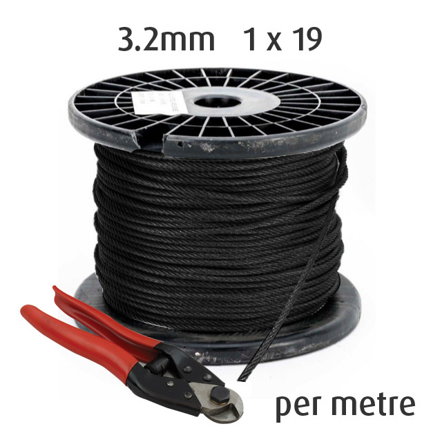 3.2mm BLACK Wire Cable Rope - 1x19 - per Metre