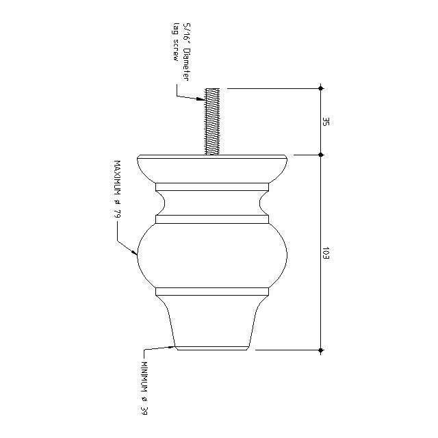 CAD drawing of the pine Chelsea Lounge Chest Leg showing its important dimensions: 103mm high, maximum diameter of 79mm, minimum diameter of 39mm, with a 35mm long 5/16" lag screw pre-inserted 
