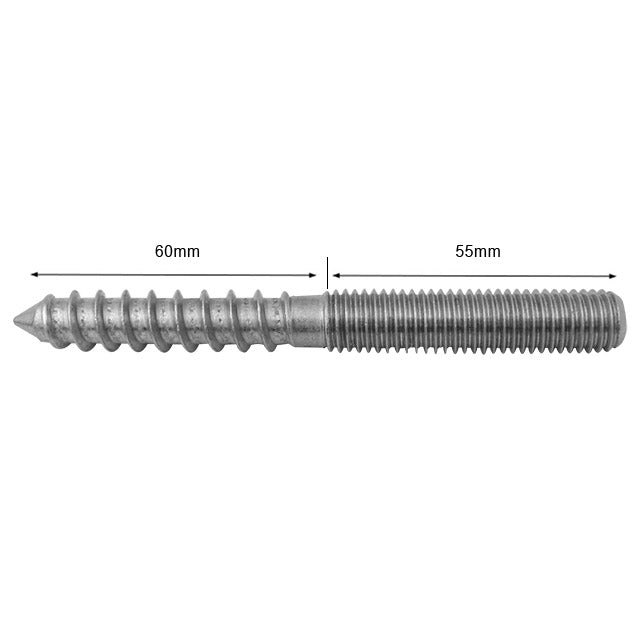 a CAD drawing of a lag screw, showing the threaded section is 55mm long, and the screw section is 60mm long.