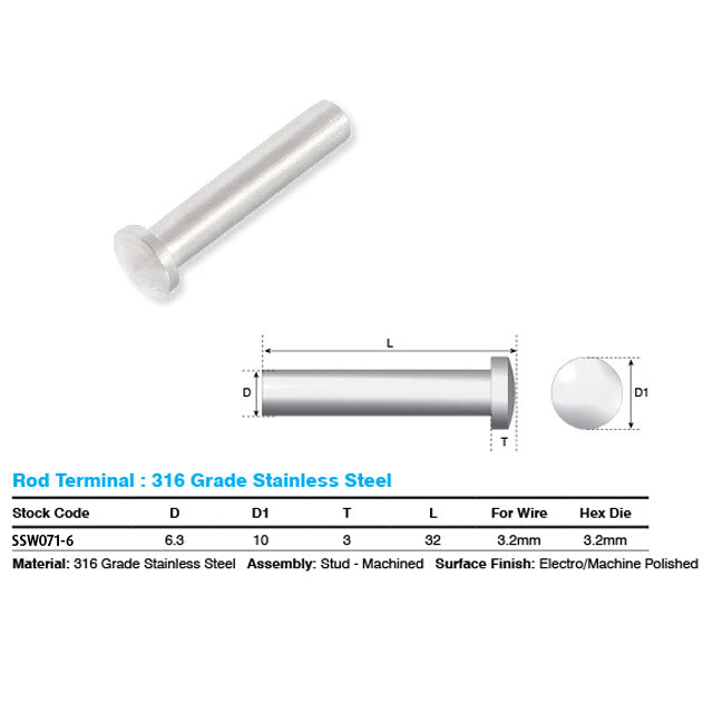 Dome Head Terminal - 3.2mm Wire (Hydraulic Swager)