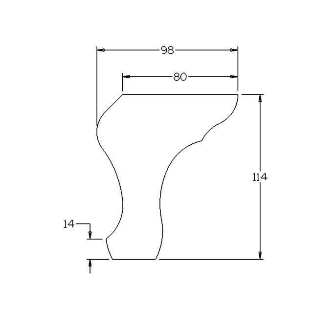 CAD drawing for a cabriole queen anne leg. Important mesurements: 114mm tall. 80mm top section. widest point 98mm.