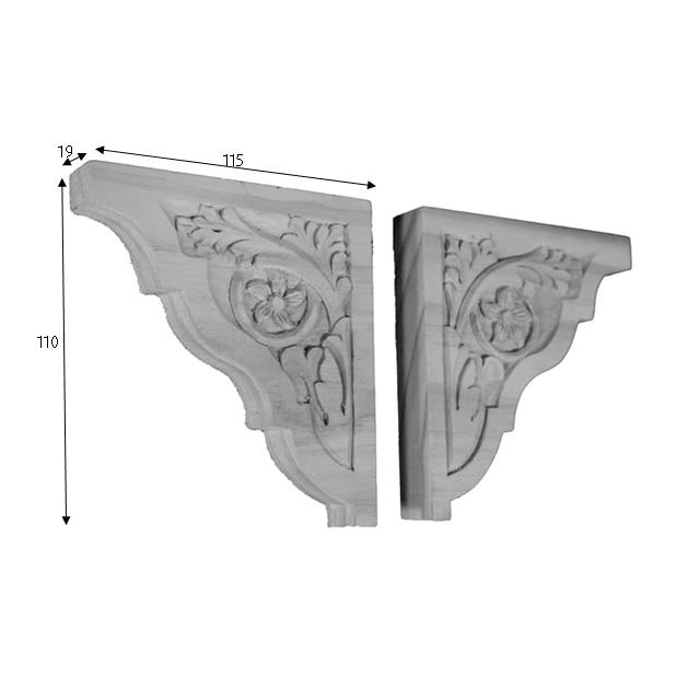 CAD drawing of a pair of timber corbels showing the mesurements to be: 115mm x 110mm x 19mm